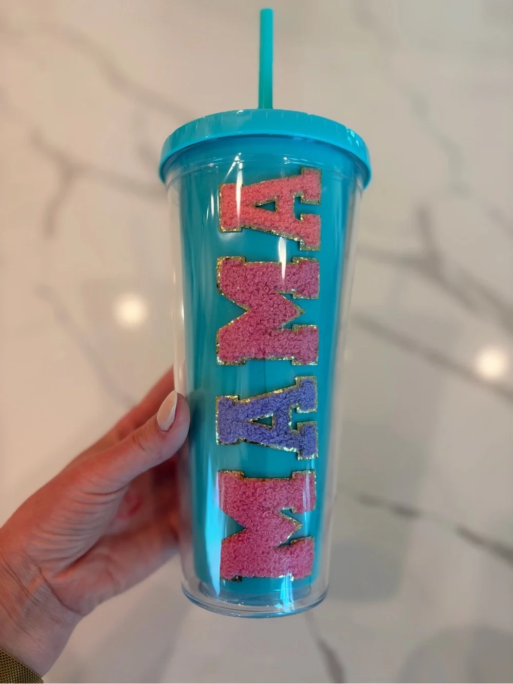 Personalized MAMA or MOM Double-Wall Tumbler with Straw - Blue and Pink